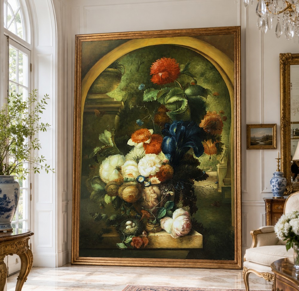 A large scale oil painting featuring a dense arrangement of colourful flowers in a carved classical urn set within a painted stone archway. View II