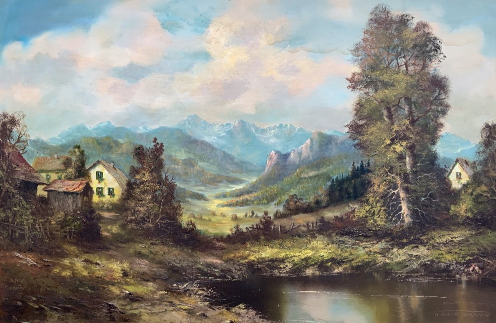 An original alpine landscape oil painting depicting mountains, rural cottages, and a pond reflection, set within an ornate gilded frame. View II