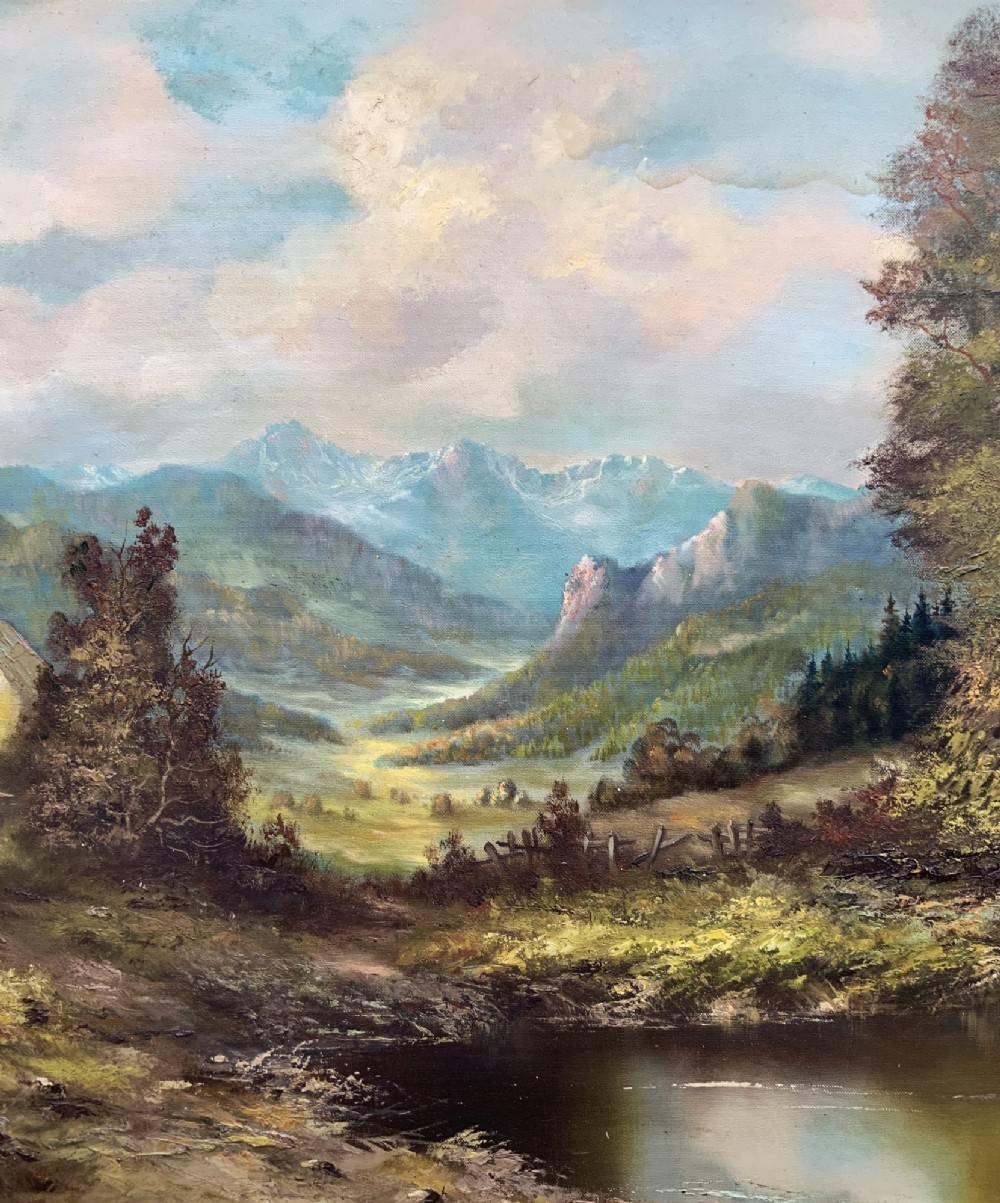 An original alpine landscape oil painting depicting mountains, rural cottages, and a pond reflection, set within an ornate gilded frame. View III