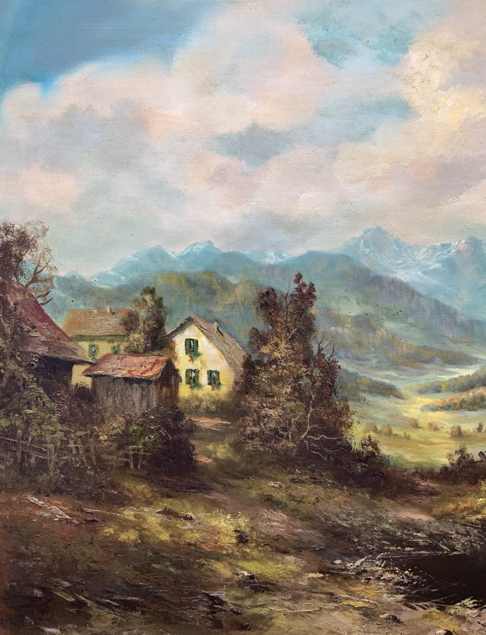 An original alpine landscape oil painting depicting mountains, rural cottages, and a pond reflection, set within an ornate gilded frame. View IV
