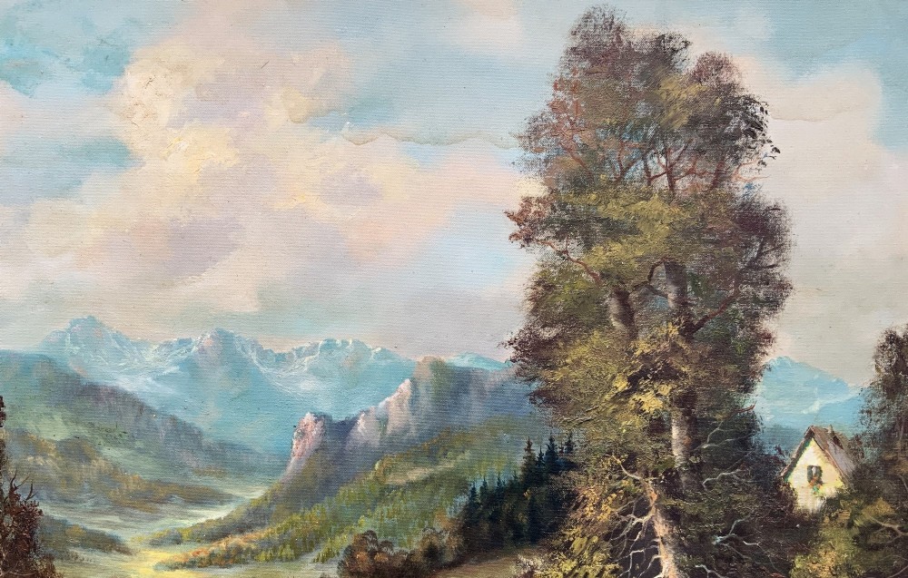 An original alpine landscape oil painting depicting mountains, rural cottages, and a pond reflection, set within an ornate gilded frame. View VI