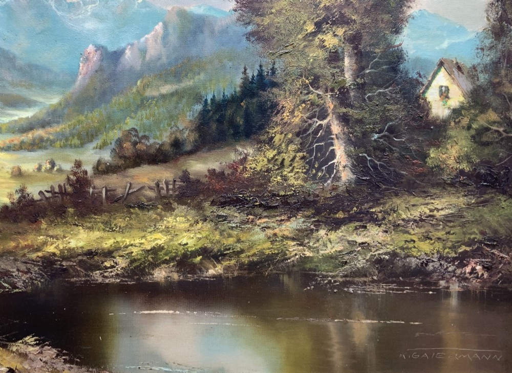 An original alpine landscape oil painting depicting mountains, rural cottages, and a pond reflection, set within an ornate gilded frame. View VII
