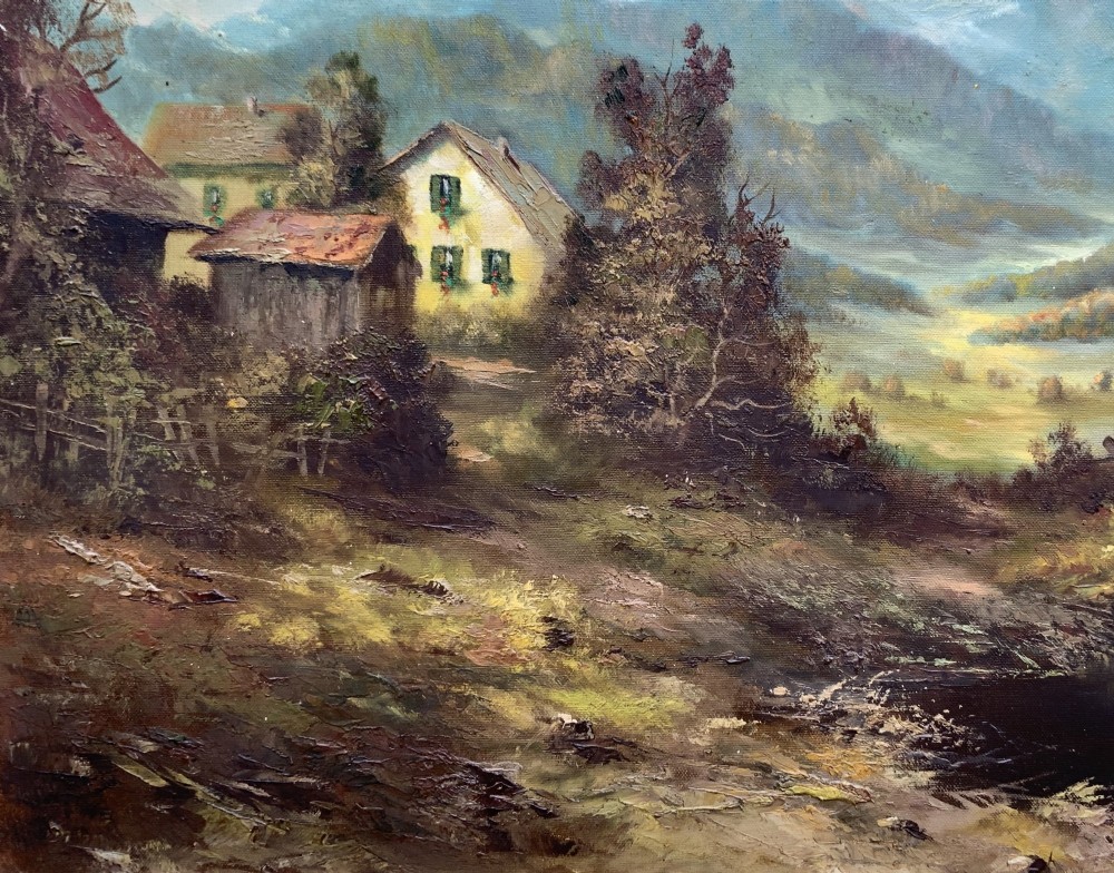 An original alpine landscape oil painting depicting mountains, rural cottages, and a pond reflection, set within an ornate gilded frame. View VIII