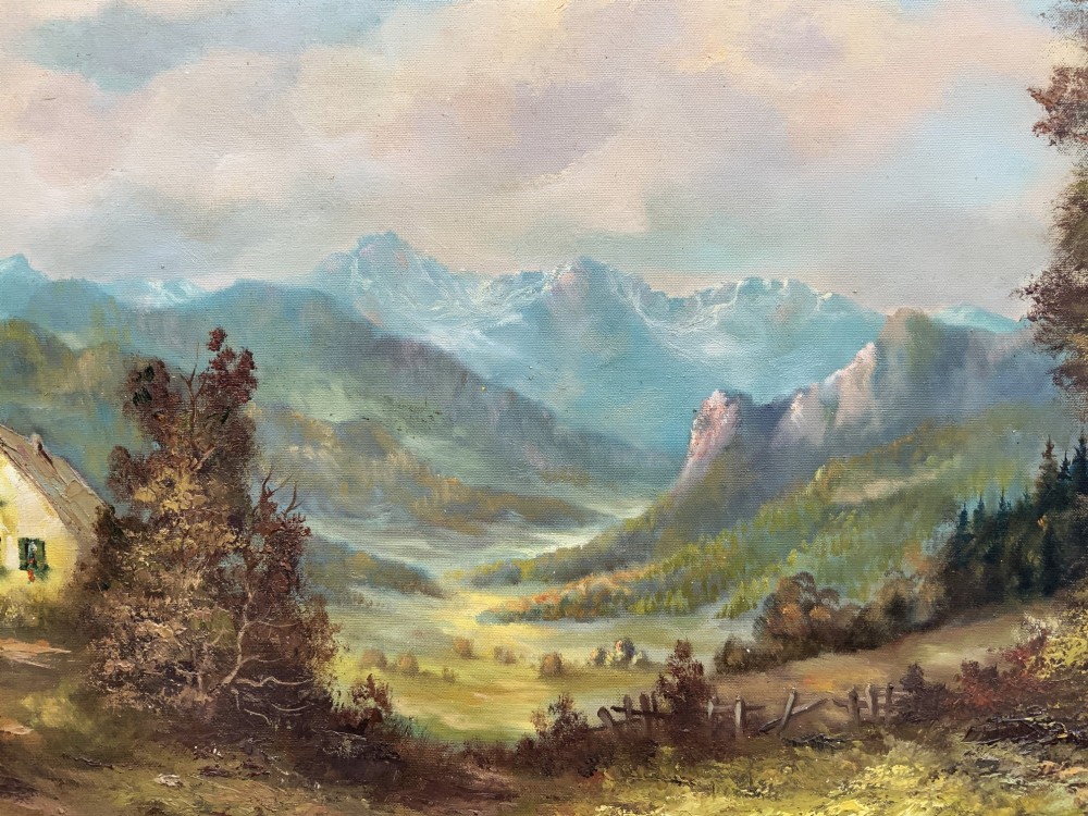 An original alpine landscape oil painting depicting mountains, rural cottages, and a pond reflection, set within an ornate gilded frame. View IX