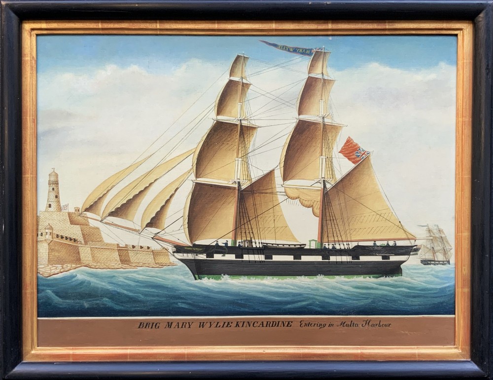 A 19th-century maritime oil painting depicting the brig Mary Wylie entering Malta harbour in a dark and gilt wood frame.