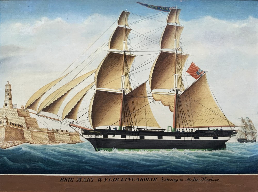 A 19th-century maritime oil painting depicting the brig Mary Wylie entering Malta harbour in a dark and gilt wood frame. View II