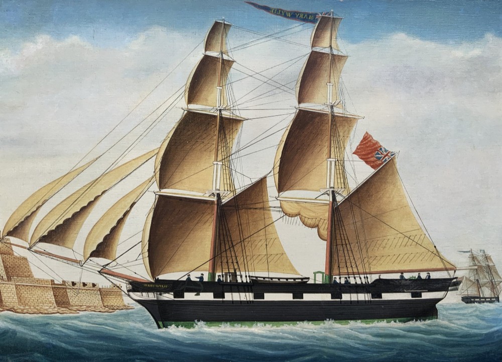A 19th-century maritime oil painting depicting the brig Mary Wylie entering Malta harbour in a dark and gilt wood frame. View III