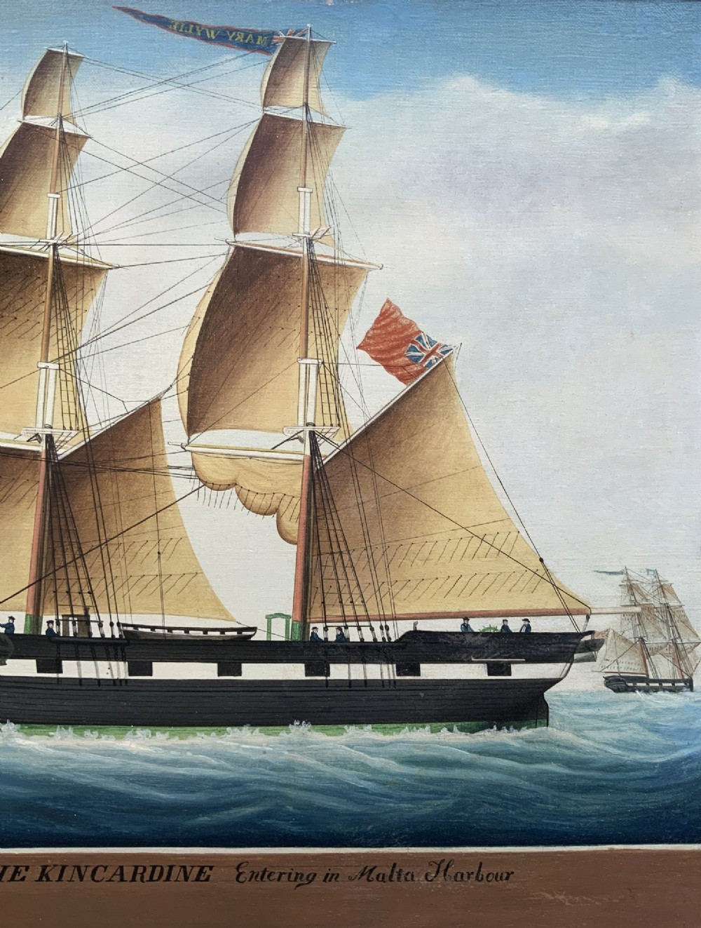 A 19th-century maritime oil painting depicting the brig Mary Wylie entering Malta harbour in a dark and gilt wood frame. View IV