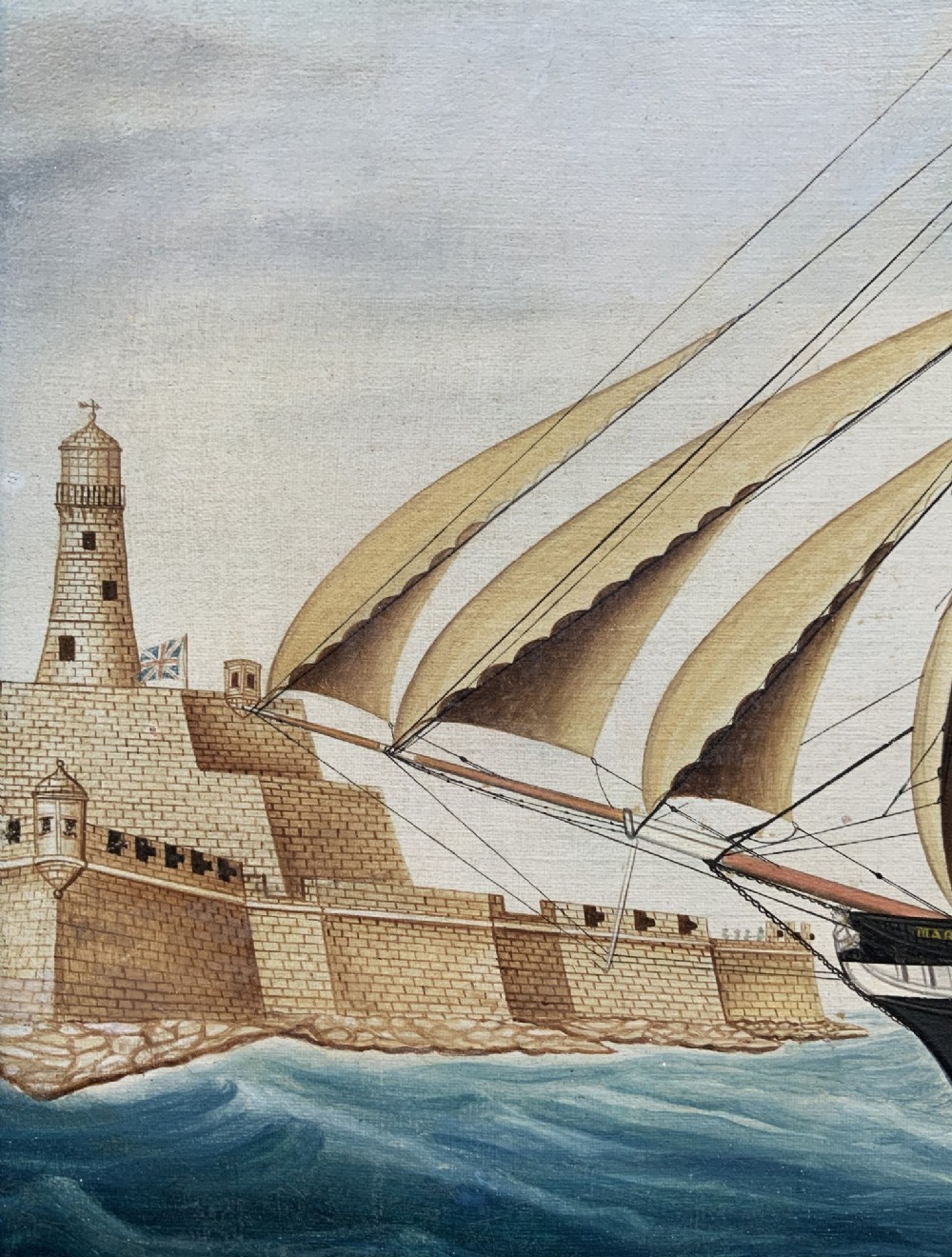 A 19th-century maritime oil painting depicting the brig Mary Wylie entering Malta harbour in a dark and gilt wood frame. View VII