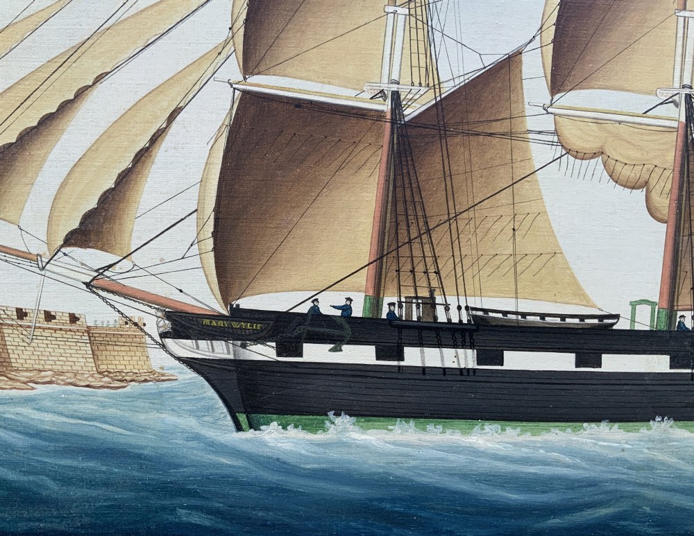 A 19th-century maritime oil painting depicting the brig Mary Wylie entering Malta harbour in a dark and gilt wood frame. View VIII