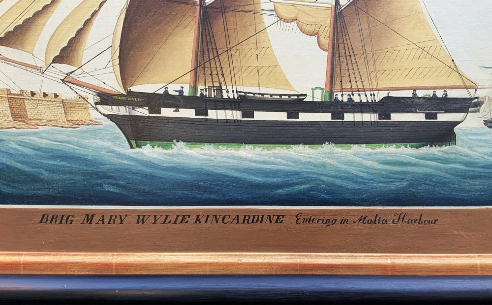 A 19th-century maritime oil painting depicting the brig Mary Wylie entering Malta harbour in a dark and gilt wood frame. View IX