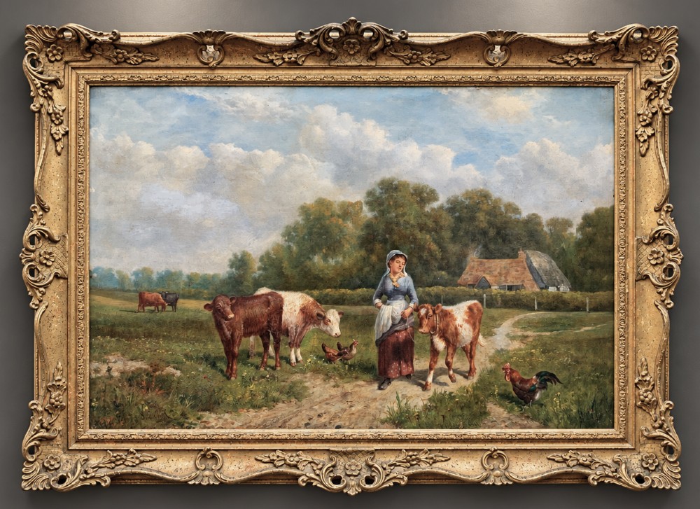 A Victorian landscape oil painting depicting a farm girl, cattle, and chickens along a dirt path with a thatched cottage in the background, set within a heavily carved gilt frame.