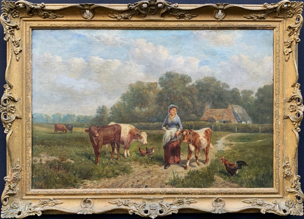 A Victorian landscape oil painting depicting a farm girl, cattle, and chickens along a dirt path with a thatched cottage in the background, set within a heavily carved gilt frame. View II