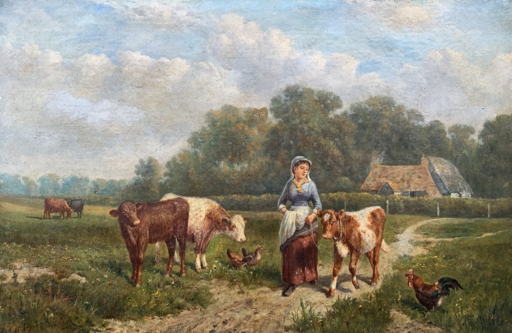 A Victorian landscape oil painting depicting a farm girl, cattle, and chickens along a dirt path with a thatched cottage in the background, set within a heavily carved gilt frame. View III
