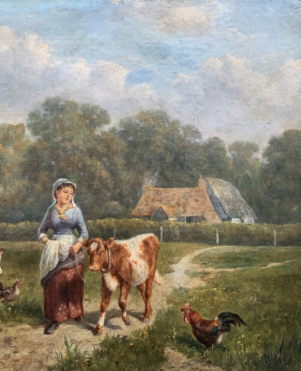 A Victorian landscape oil painting depicting a farm girl, cattle, and chickens along a dirt path with a thatched cottage in the background, set within a heavily carved gilt frame. View V