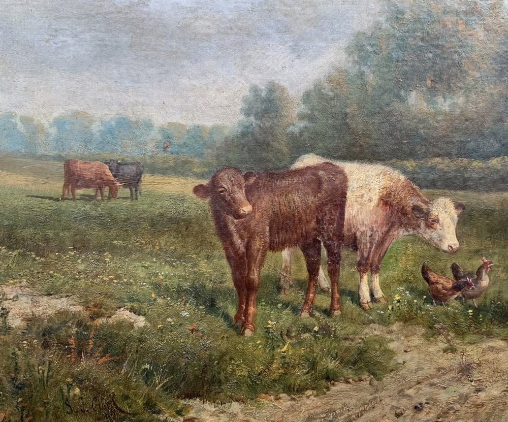 A Victorian landscape oil painting depicting a farm girl, cattle, and chickens along a dirt path with a thatched cottage in the background, set within a heavily carved gilt frame. View VII