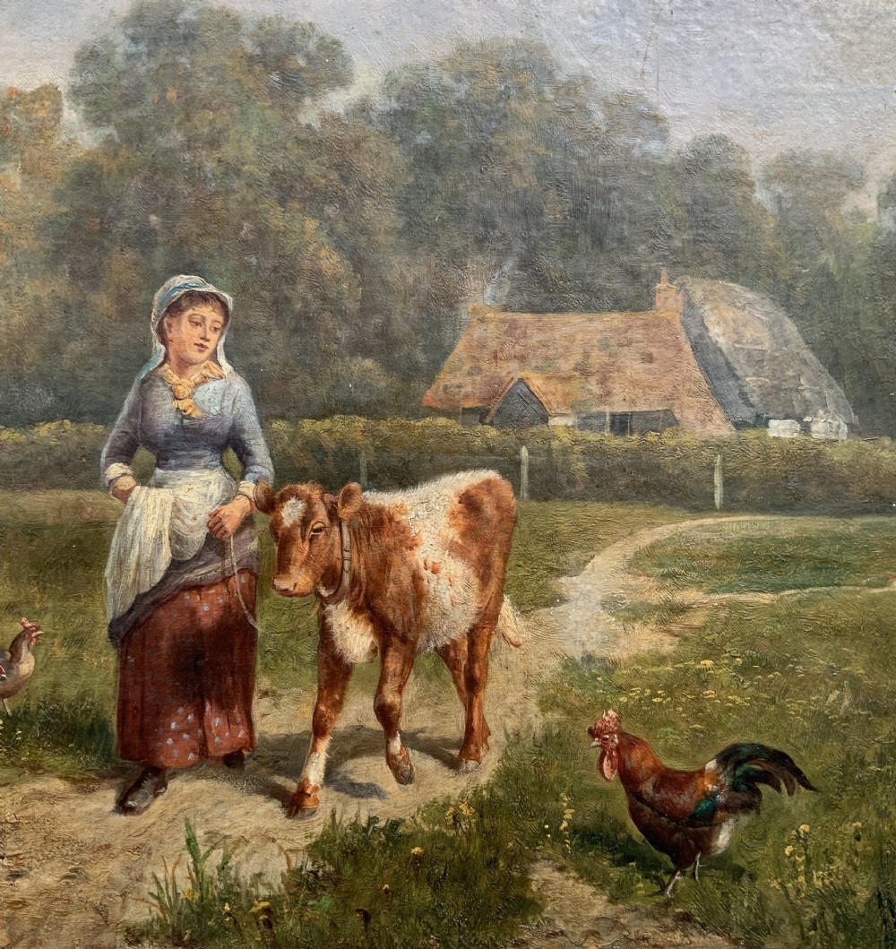 A Victorian landscape oil painting depicting a farm girl, cattle, and chickens along a dirt path with a thatched cottage in the background, set within a heavily carved gilt frame. View VIII