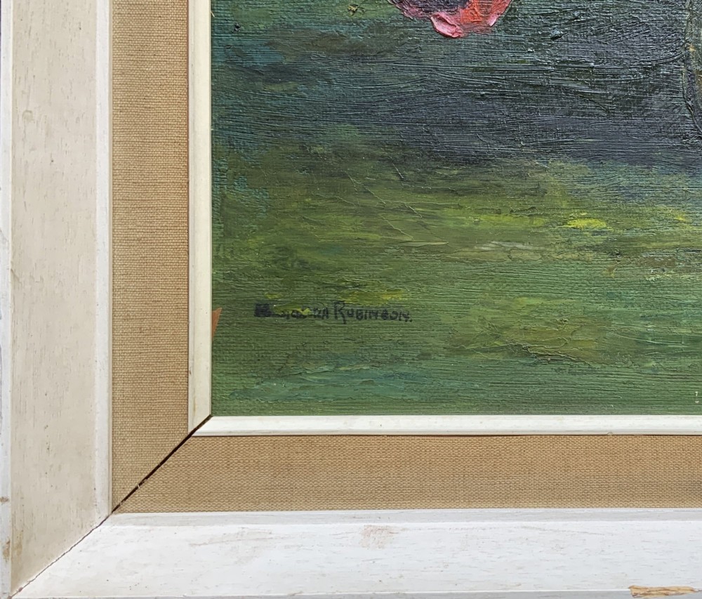 A framed floral still life oil painting depicting a woven basket filled with colourful wildflowers including poppies and daisies against a light blue backdrop. View IX