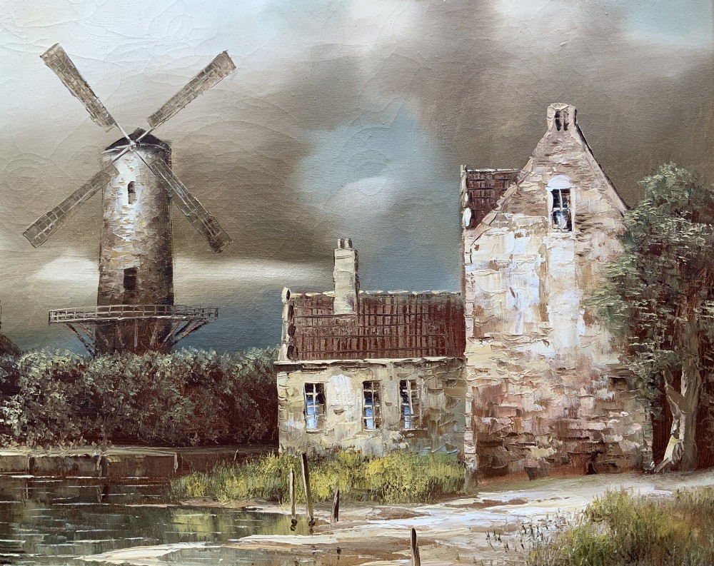 A horizontal oil painting depicting Dutch windmills and stone buildings along a riverbank under a cloudy sky, presented in an ornate gilt frame. View VIII