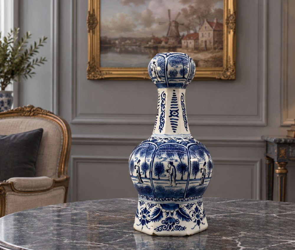A 17th-century hexagonal Dutch Delft blue and white faience vase decorated with hand-painted chinoiserie figures and floral motifs. View II