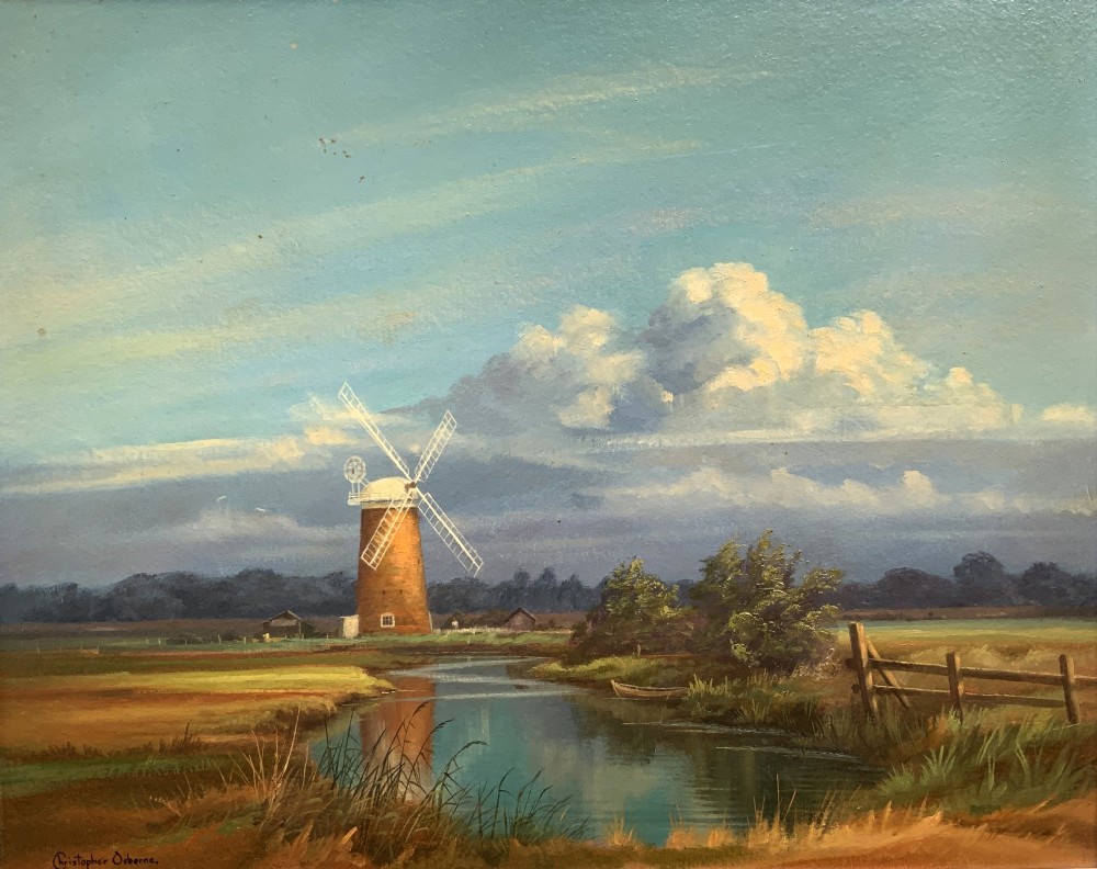 An oil painting depicting Horsey Mill set amidst the Norfolk Broads under a cloud-filled sky, presented in an elaborate gilded swept frame. View III