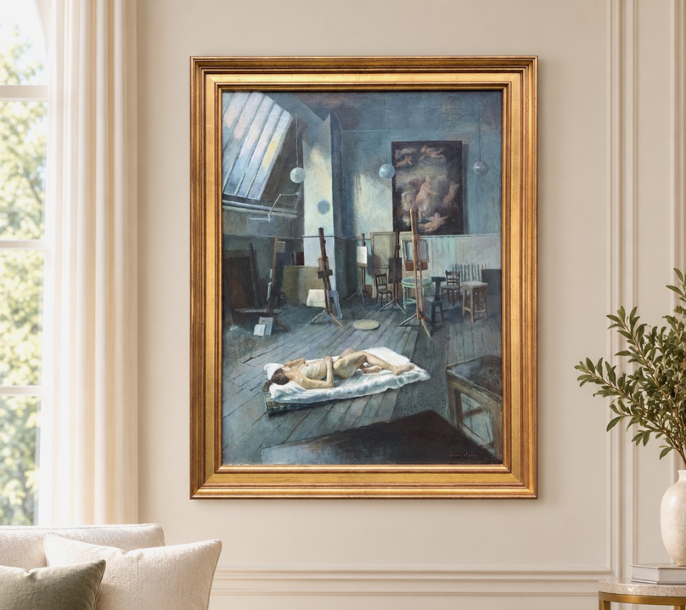 An oil painting on canvas depicting a reclining nude model on a studio floor surrounded by wooden easels, a skylight, and studio furniture, set within a stepped gilt timber frame. View II
