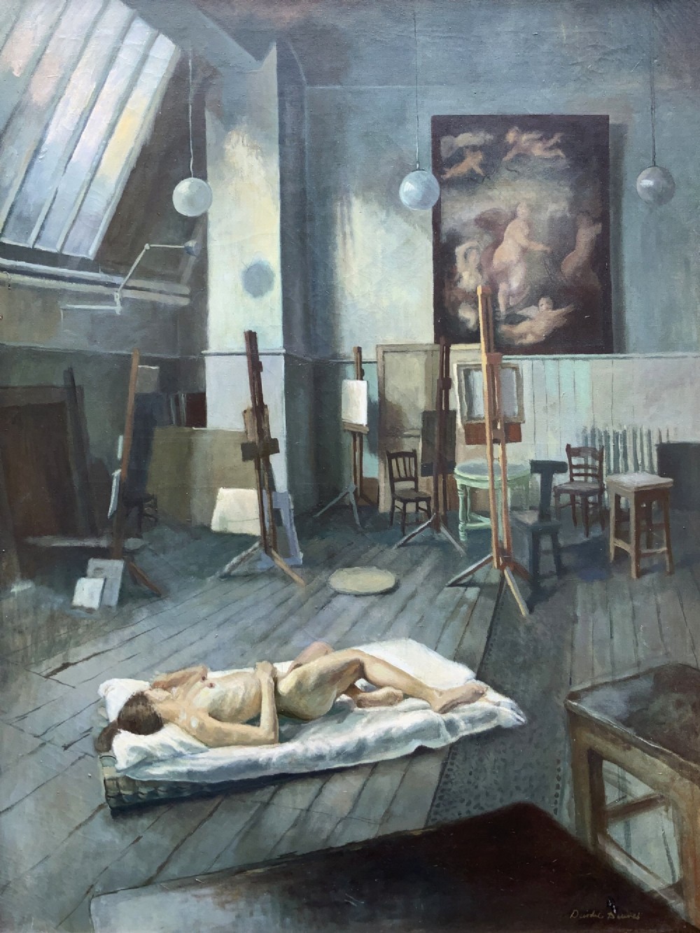 An oil painting on canvas depicting a reclining nude model on a studio floor surrounded by wooden easels, a skylight, and studio furniture, set within a stepped gilt timber frame. View III