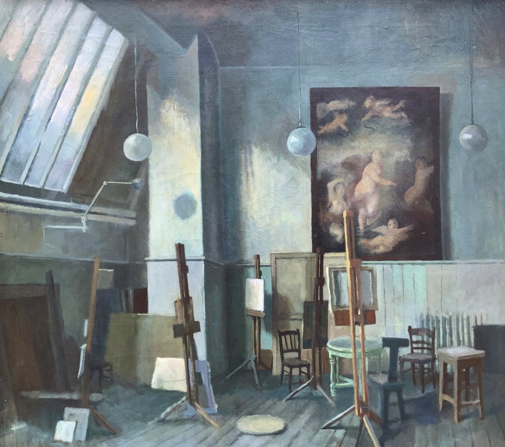 An oil painting on canvas depicting a reclining nude model on a studio floor surrounded by wooden easels, a skylight, and studio furniture, set within a stepped gilt timber frame. View IV