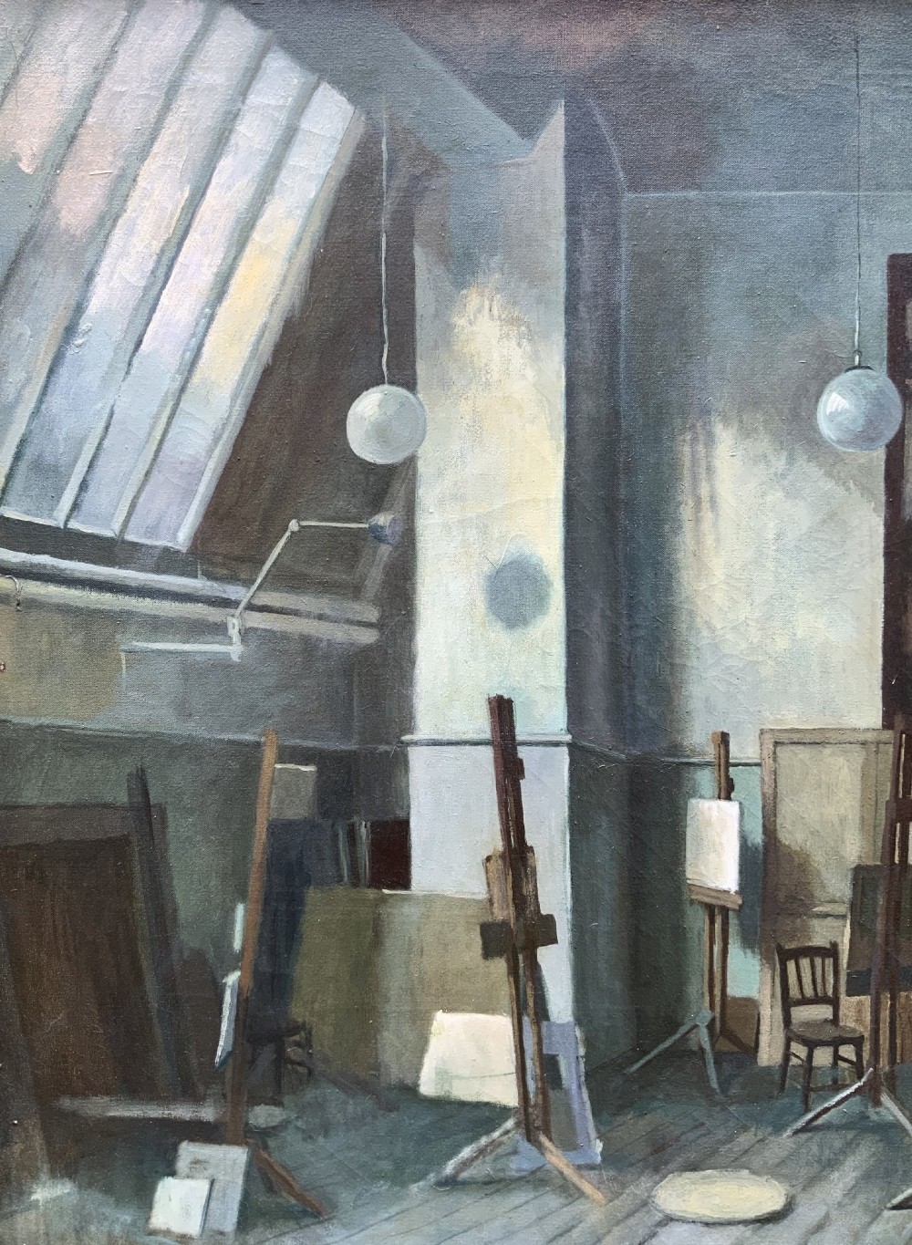 An oil painting on canvas depicting a reclining nude model on a studio floor surrounded by wooden easels, a skylight, and studio furniture, set within a stepped gilt timber frame. View VII