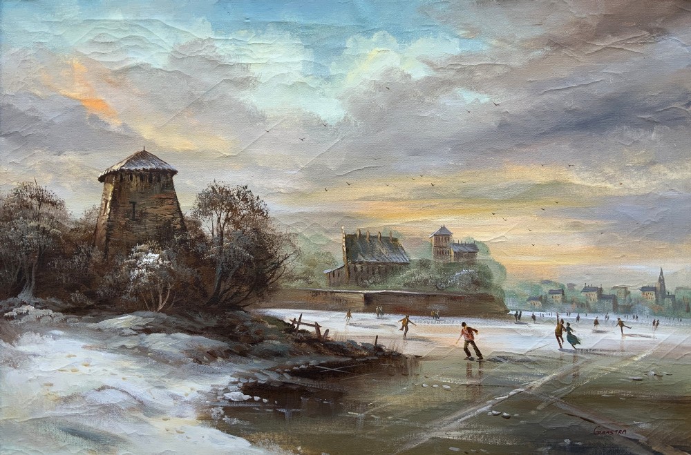 A large framed oil painting depicting figures ice skating on a frozen canal beside historic stone buildings under a winter sky, housed in an ornate gilt frame. View II
