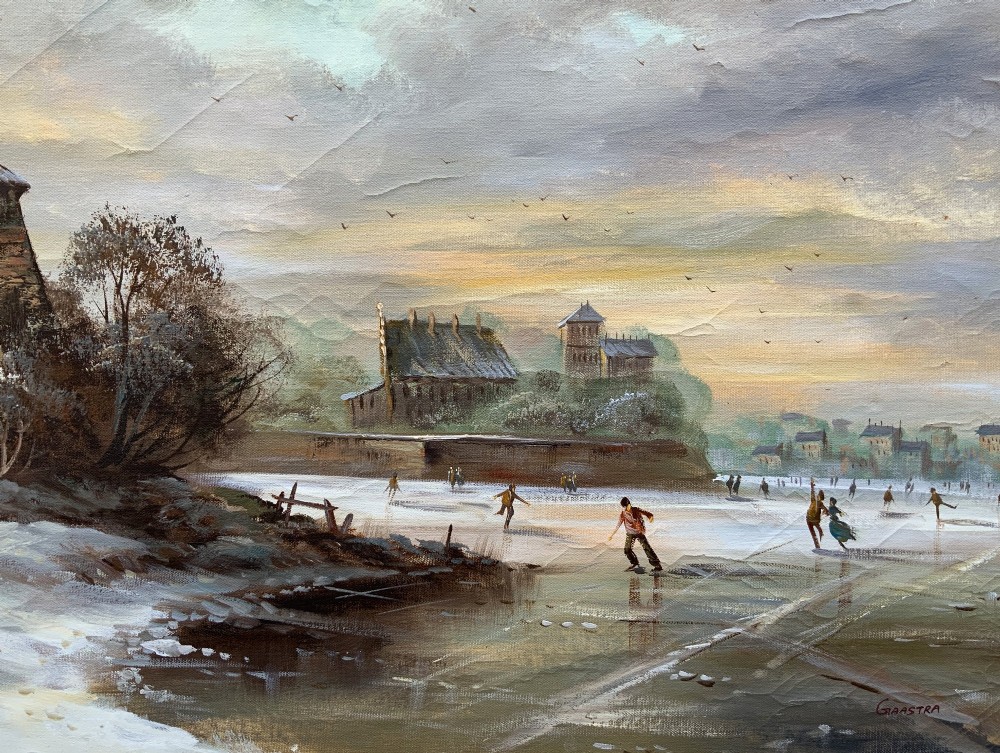 A large framed oil painting depicting figures ice skating on a frozen canal beside historic stone buildings under a winter sky, housed in an ornate gilt frame. View III