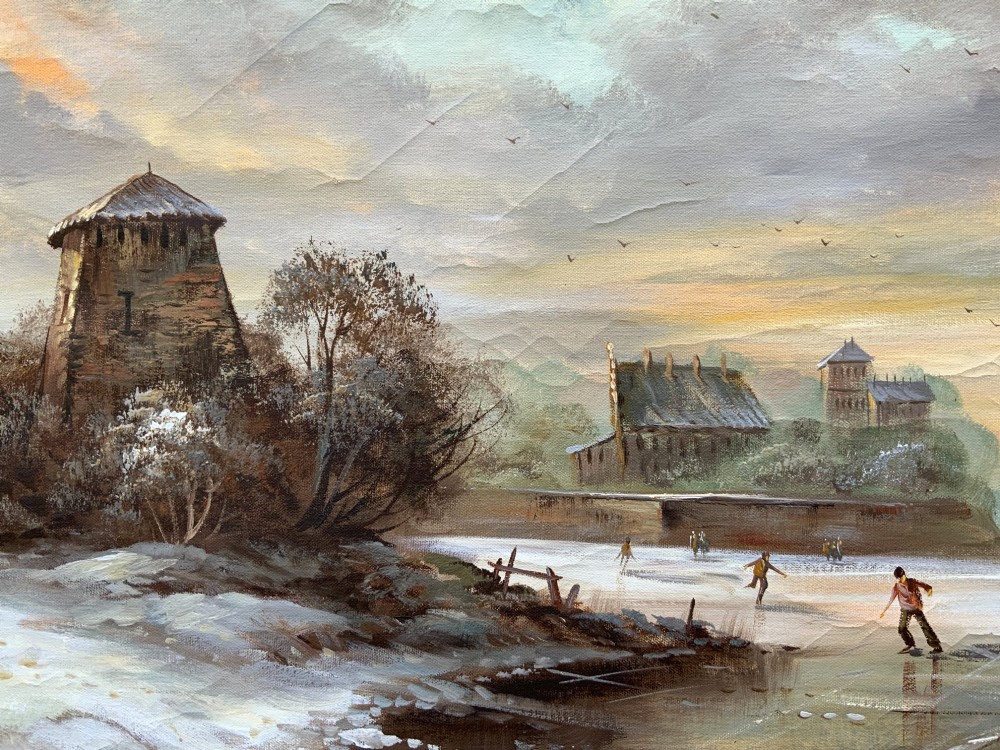A large framed oil painting depicting figures ice skating on a frozen canal beside historic stone buildings under a winter sky, housed in an ornate gilt frame. View VIII