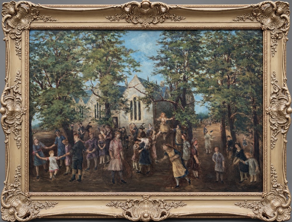 An Edwardian oil painting depicting figures gathered outside a stone church under mature trees, housed within a wide carved gilt frame.