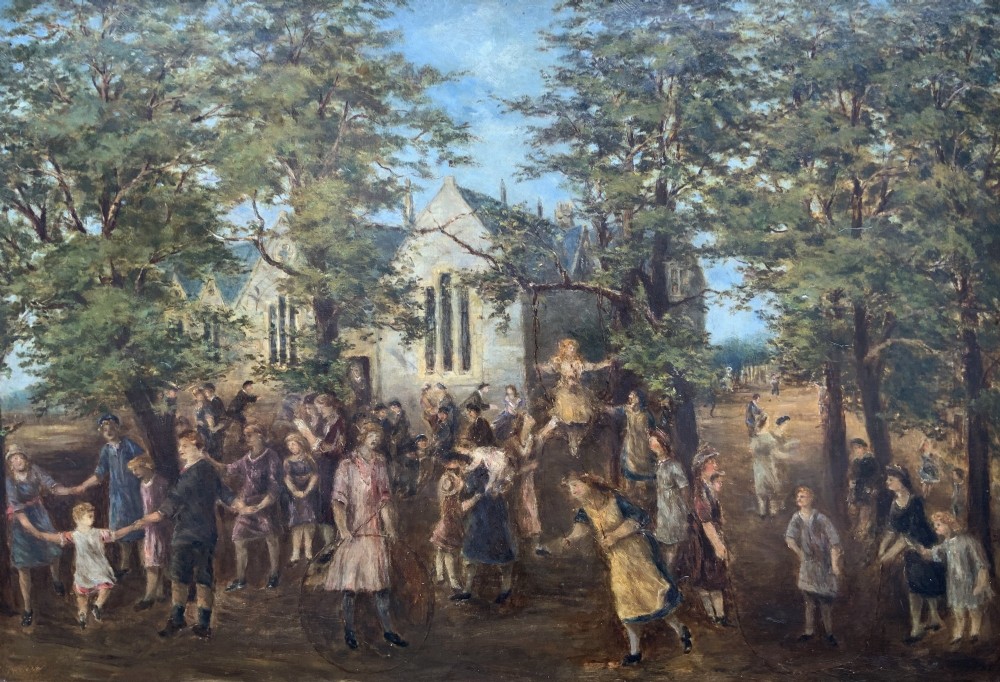 An Edwardian oil painting depicting figures gathered outside a stone church under mature trees, housed within a wide carved gilt frame. View II