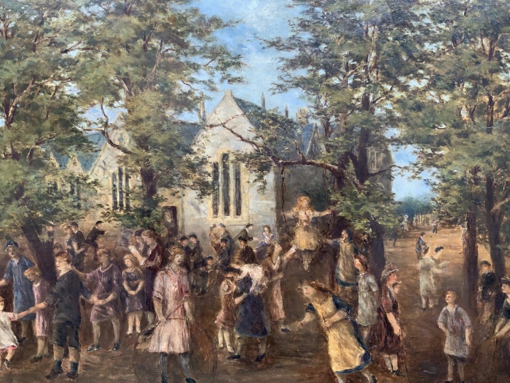 An Edwardian oil painting depicting figures gathered outside a stone church under mature trees, housed within a wide carved gilt frame. View III