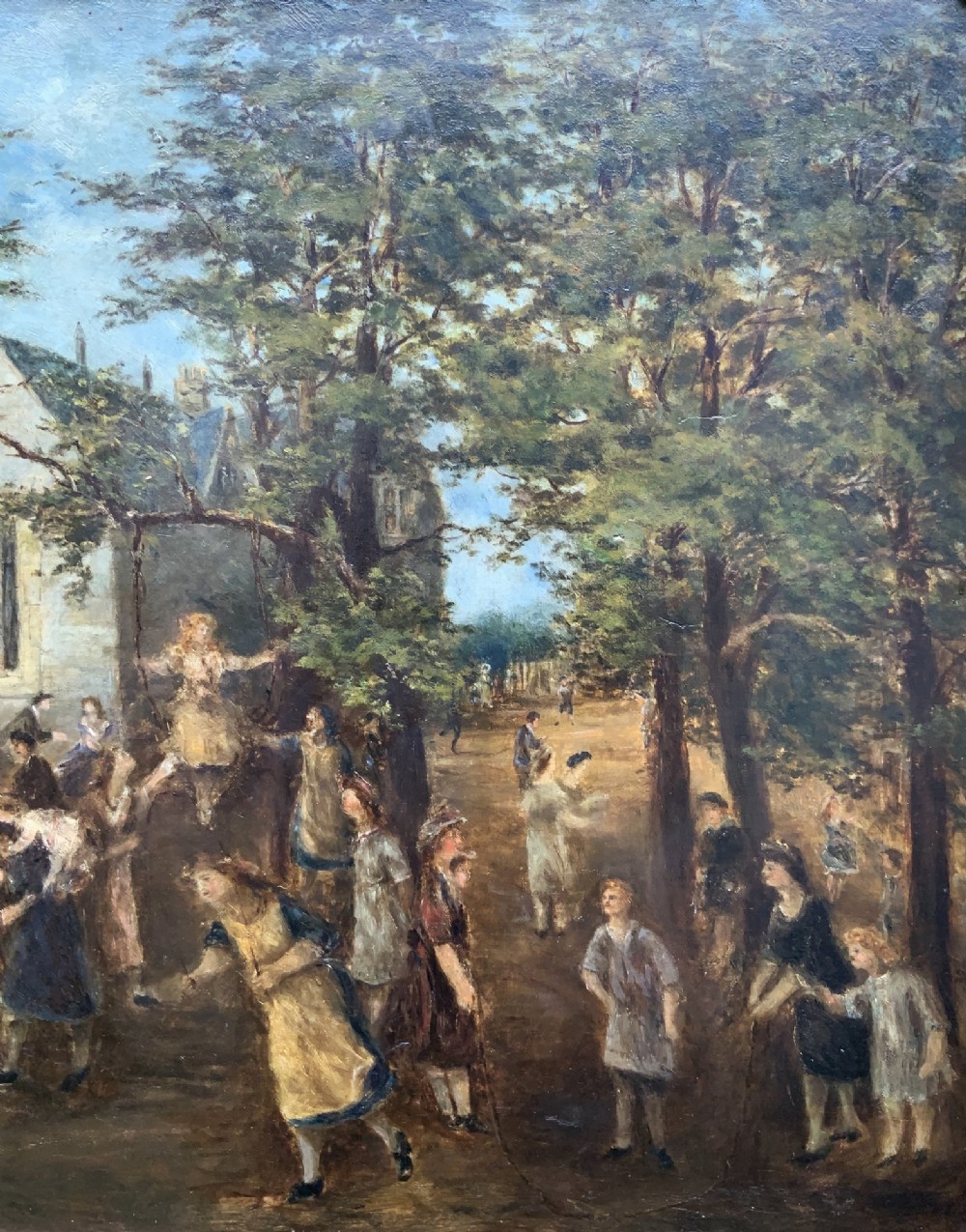 An Edwardian oil painting depicting figures gathered outside a stone church under mature trees, housed within a wide carved gilt frame. View IV