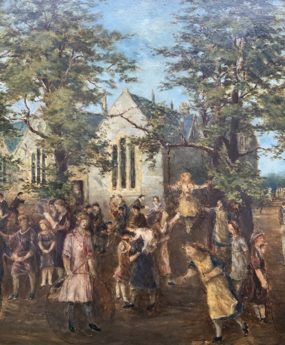 An Edwardian oil painting depicting figures gathered outside a stone church under mature trees, housed within a wide carved gilt frame. View V