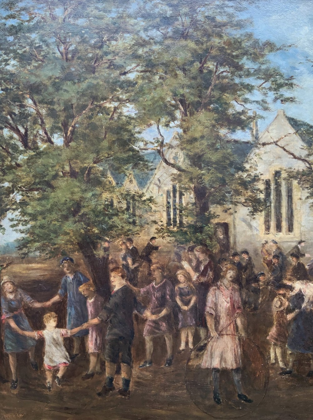 An Edwardian oil painting depicting figures gathered outside a stone church under mature trees, housed within a wide carved gilt frame. View VI