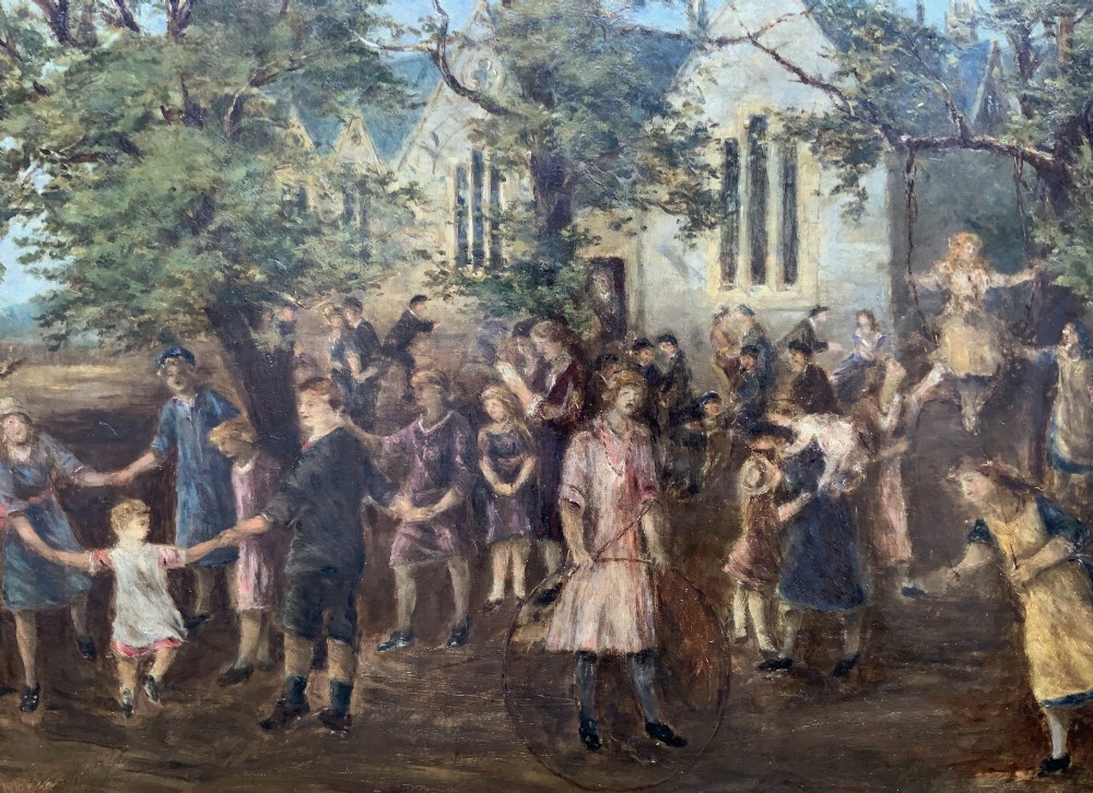 An Edwardian oil painting depicting figures gathered outside a stone church under mature trees, housed within a wide carved gilt frame. View VII