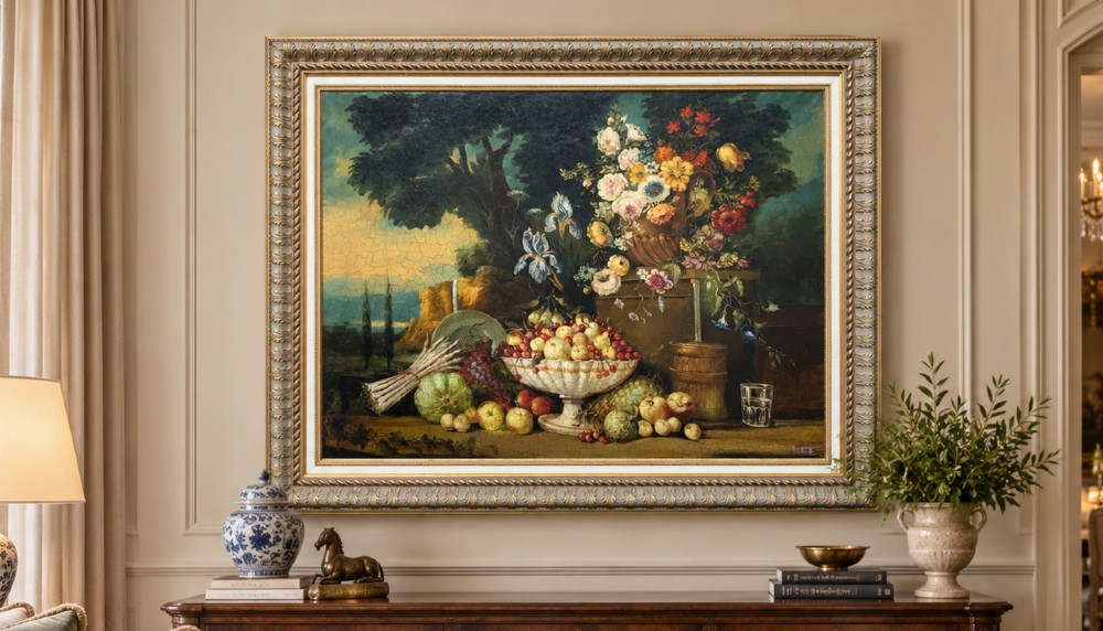 A classical oil painting displaying a bowl of fruit, a urn with flowers, asparagus, and melons set against a dark landscape backdrop within a carved silver-grey frame. View II