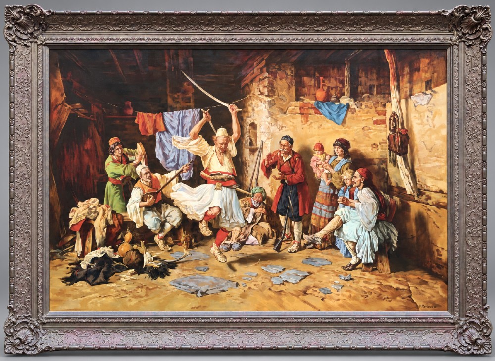 A large mid-century framed oil painting depicting figures in traditional attire watching a man perform a sword dance inside a rustic interior.