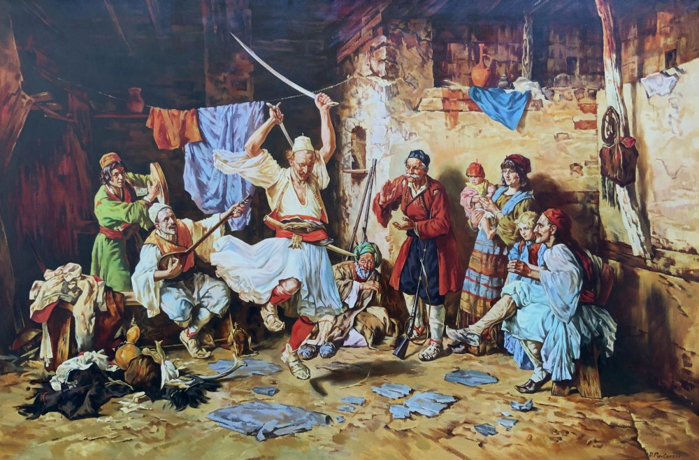A large mid-century framed oil painting depicting figures in traditional attire watching a man perform a sword dance inside a rustic interior. View II