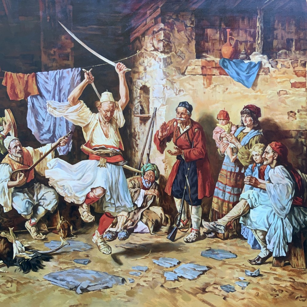 A large mid-century framed oil painting depicting figures in traditional attire watching a man perform a sword dance inside a rustic interior. View IV