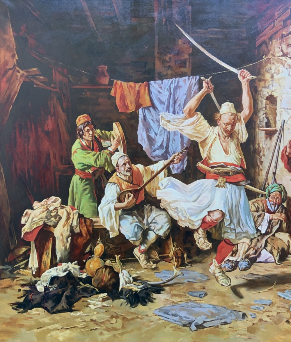 A large mid-century framed oil painting depicting figures in traditional attire watching a man perform a sword dance inside a rustic interior. View V