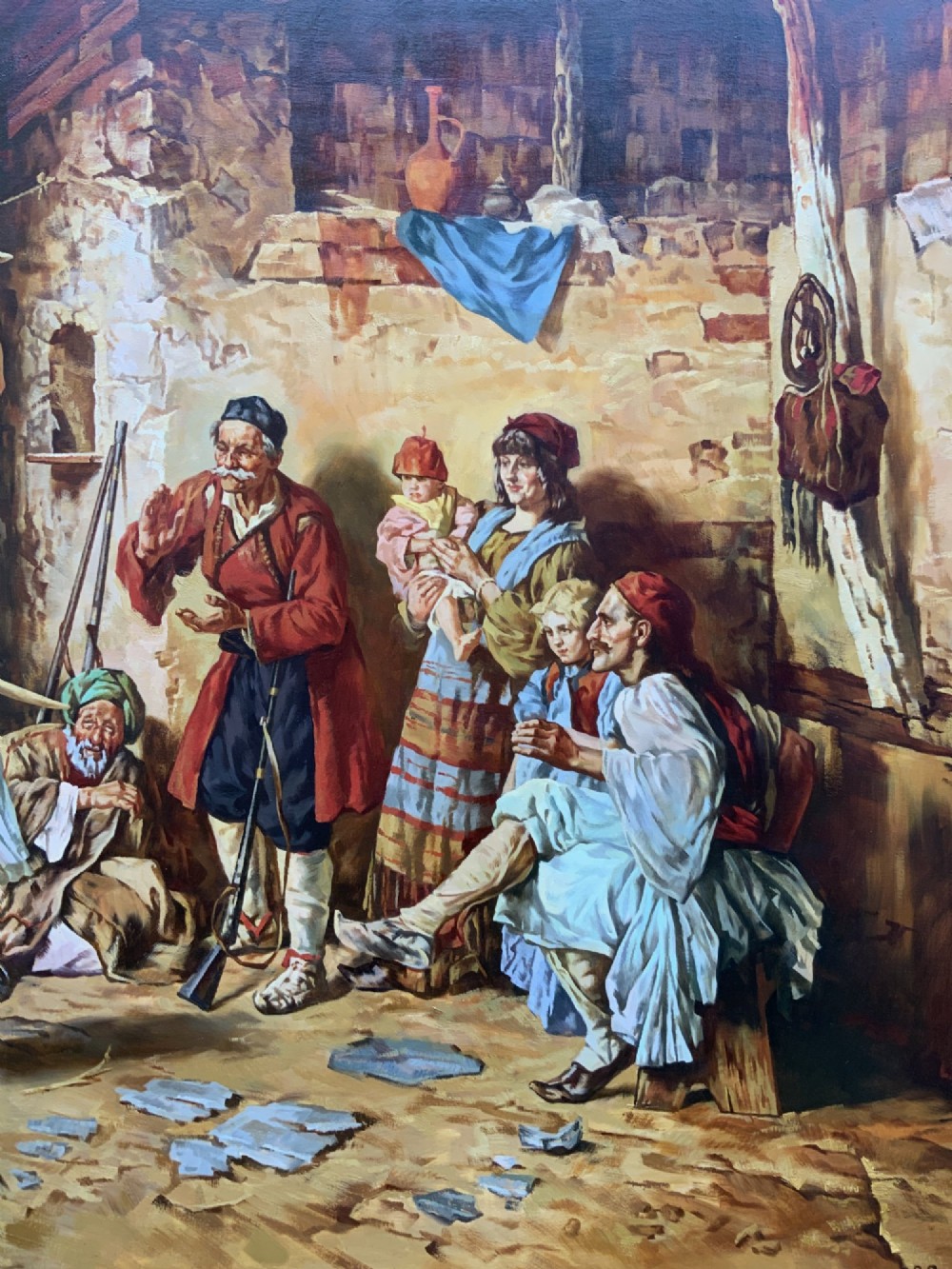 A large mid-century framed oil painting depicting figures in traditional attire watching a man perform a sword dance inside a rustic interior. View VI