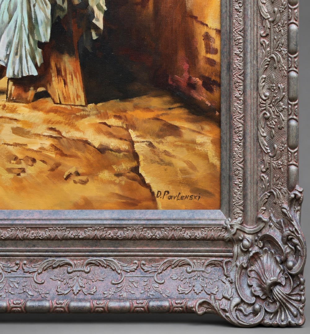A large mid-century framed oil painting depicting figures in traditional attire watching a man perform a sword dance inside a rustic interior. View X