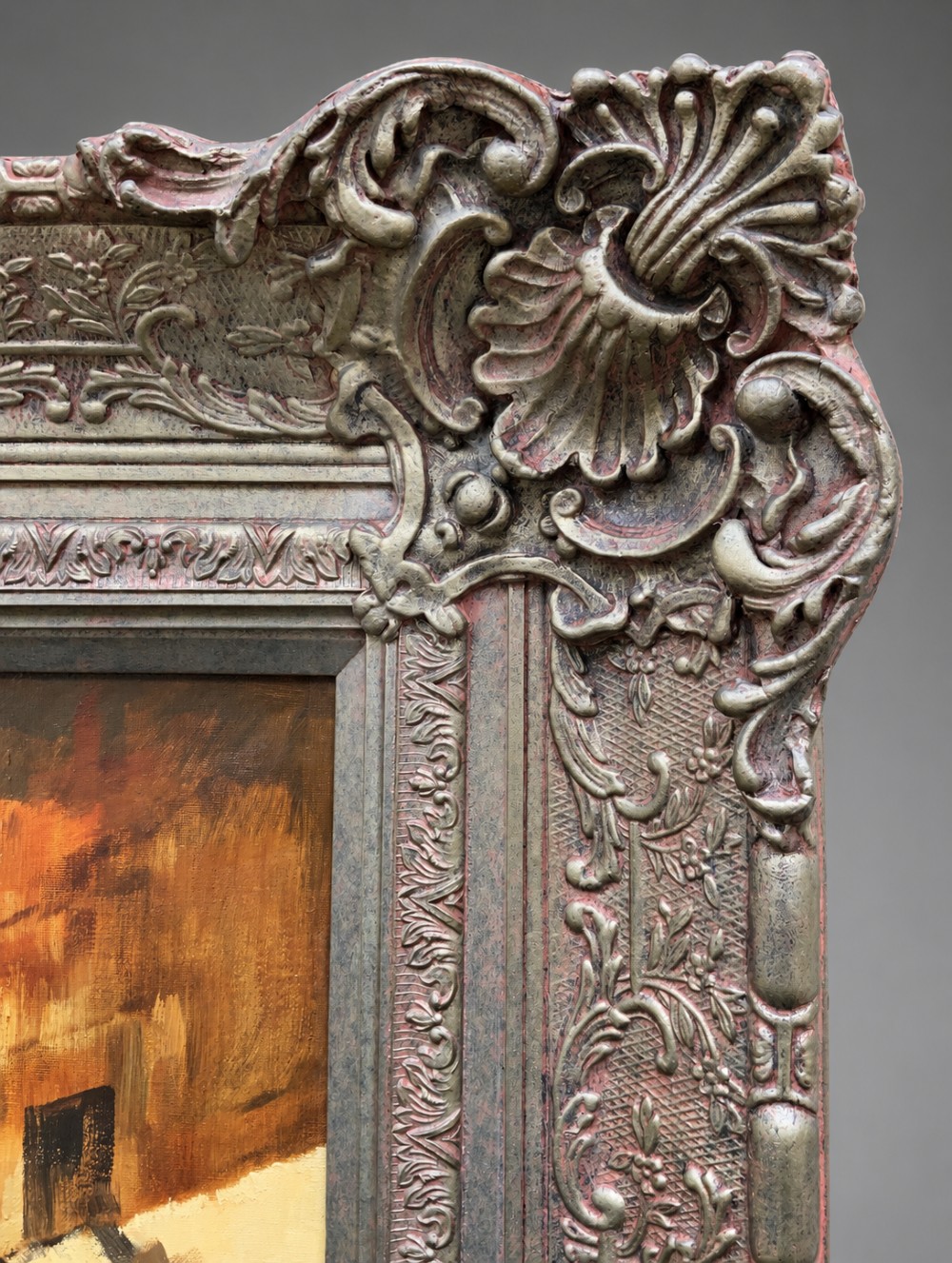 A large mid-century framed oil painting depicting figures in traditional attire watching a man perform a sword dance inside a rustic interior. View XI