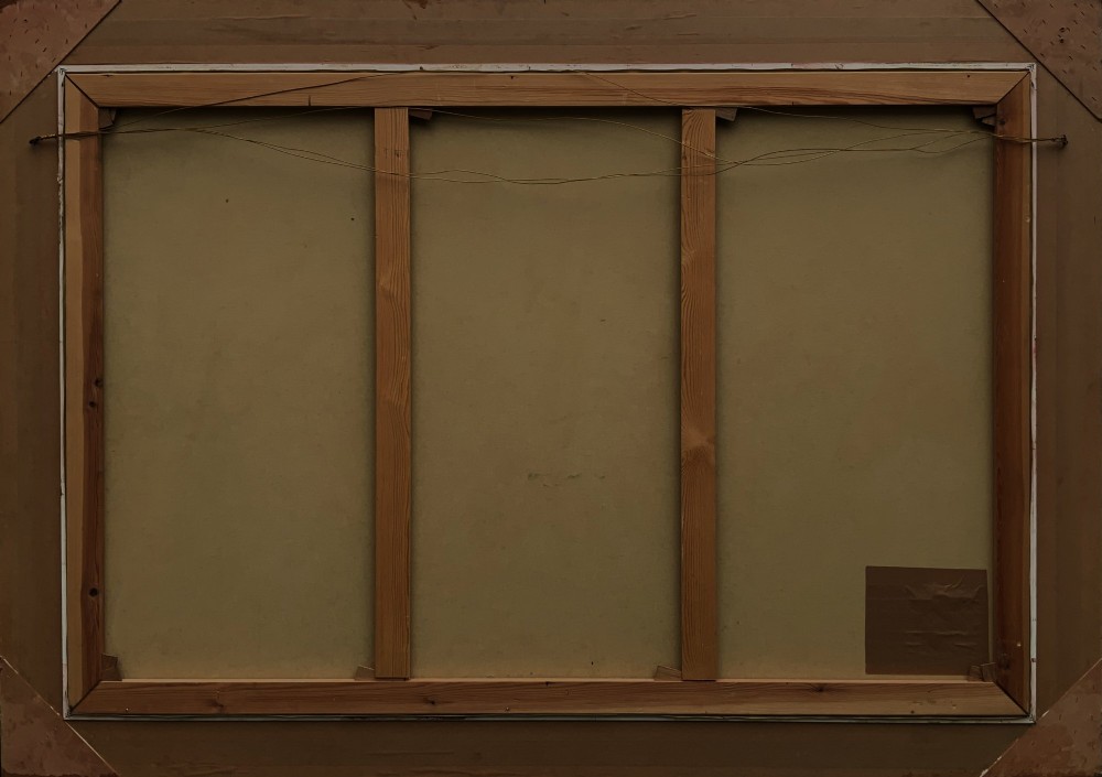 A large mid-century framed oil painting depicting figures in traditional attire watching a man perform a sword dance inside a rustic interior. View XII