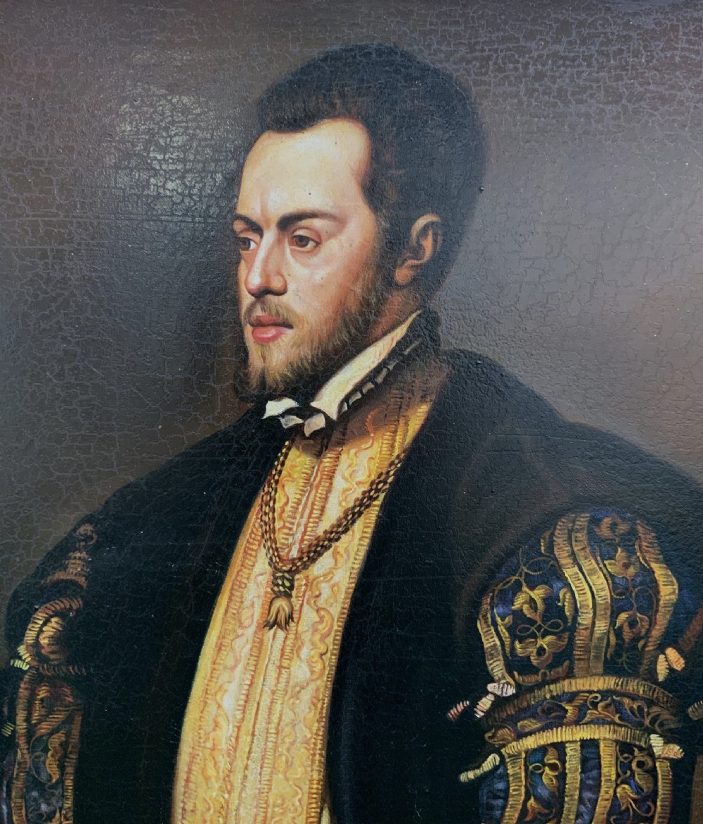 A full-length oil painting depicting Philip II of Spain in Renaissance attire, housed inside an ebonised frame with gilt mouldings. View V