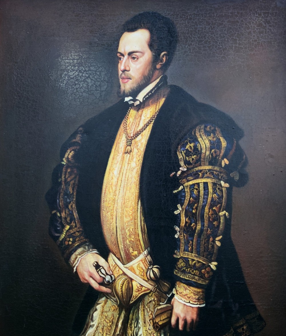A full-length oil painting depicting Philip II of Spain in Renaissance attire, housed inside an ebonised frame with gilt mouldings. View VI